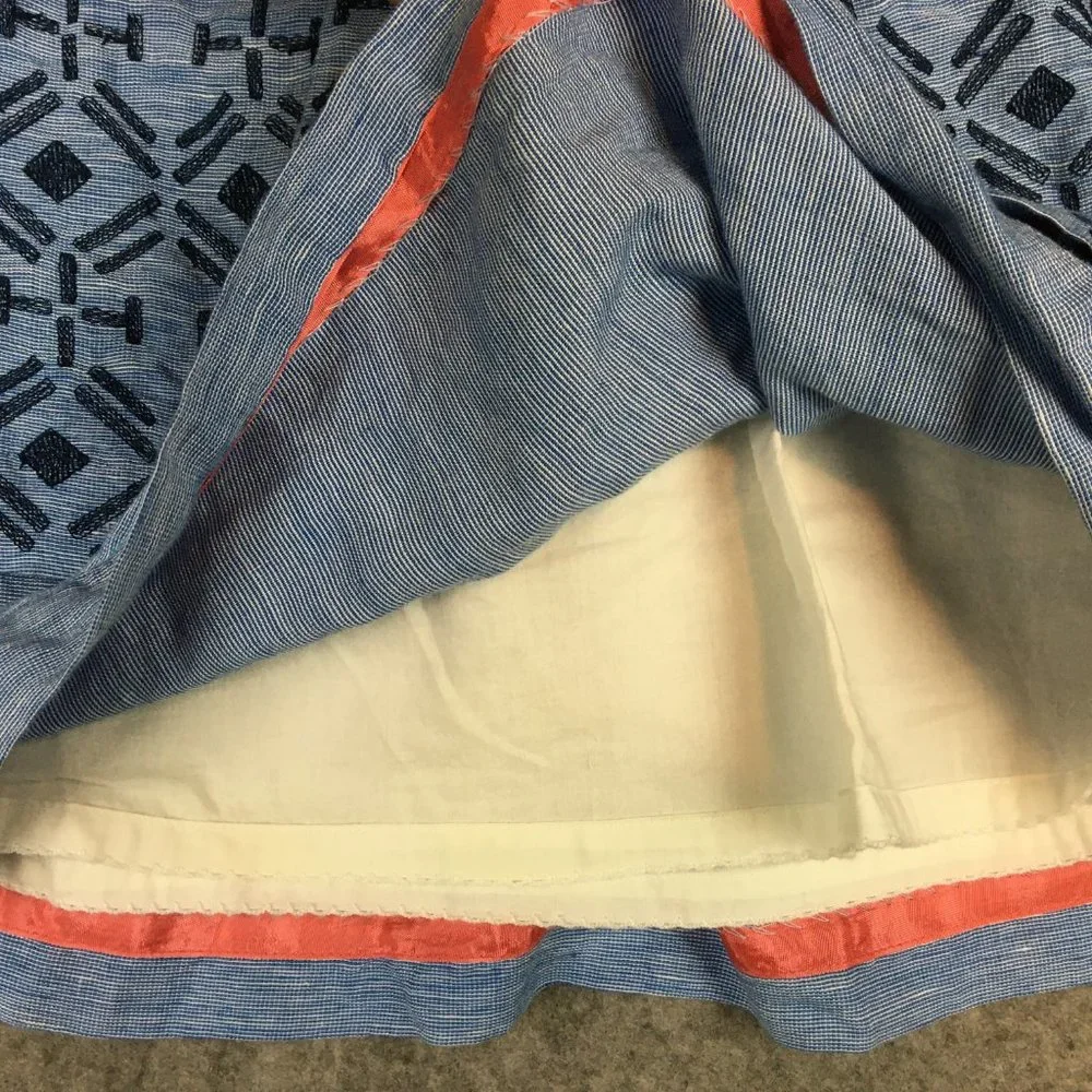 Anthropologie Odille Skirt 4 Blue Linen Blend Layered Embroidered A Line Knee